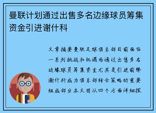 曼联计划通过出售多名边缘球员筹集资金引进谢什科