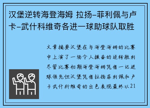 汉堡逆转海登海姆 拉扬-菲利佩与卢卡-武什科维奇各进一球助球队取胜